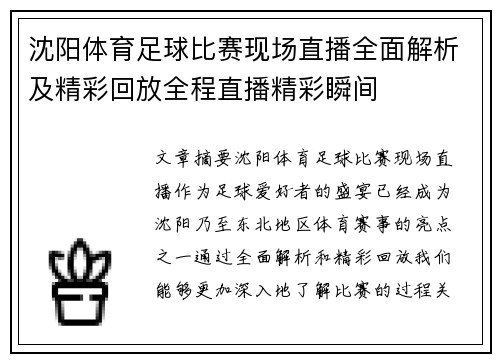 沈阳体育足球比赛现场直播全面解析及精彩回放全程直播精彩瞬间
